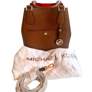 Michael Kors Greenwich Saffiano Leather Bucket Bag Brow/Red, Arm & Crossbody